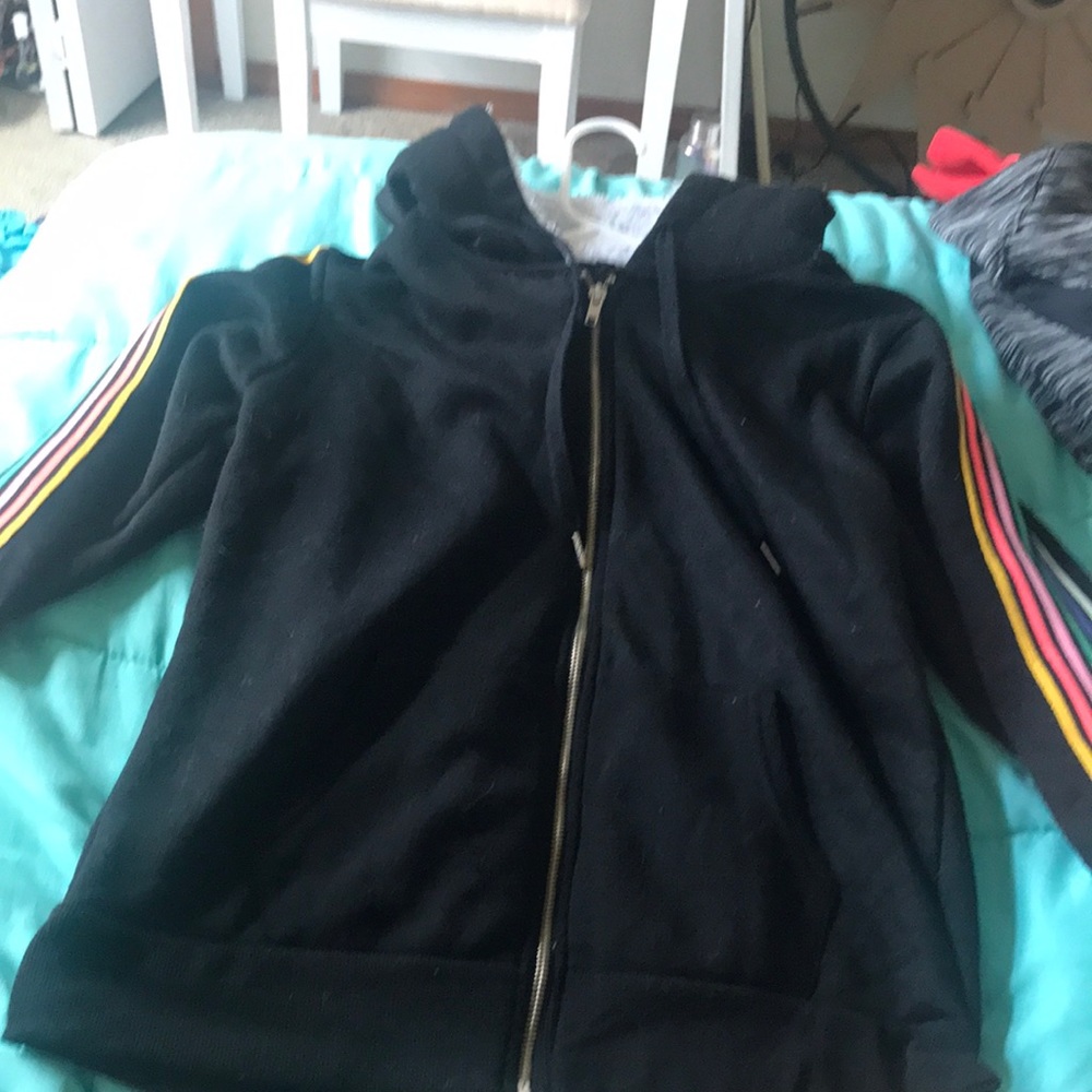 Black zip up hoodie, rainbow sleeves, childrens M.